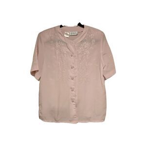 True Vintage 80s Blouse Womens 8 Embroidered Button Up Secretary Short Sleeve